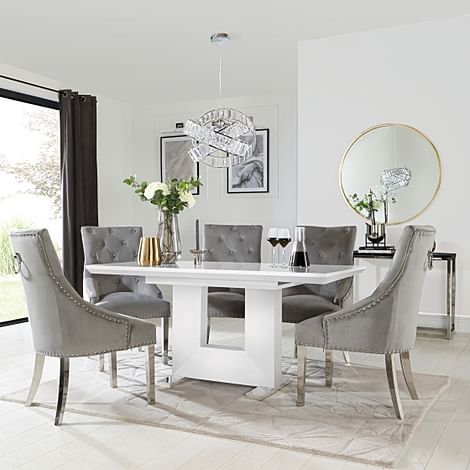 Florence Extending Dining Table & 4 Imperial Chairs, White High Gloss, Grey Classic Velvet & Chrome, 120-160cm