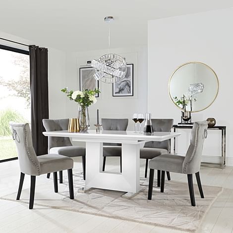 Florence Extending Dining Table & 4 Kensington Chairs, White High Gloss, Grey Classic Velvet & Black Solid Hardwood, 120-160cm