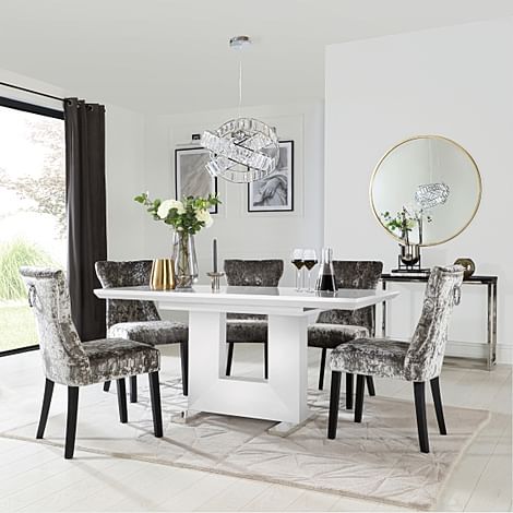 Florence Extending Dining Table & 6 Kensington Chairs, White High Gloss, Silver Crushed Velvet & Black Solid Hardwood, 120-160cm