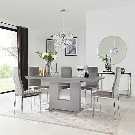 Florence Extending Dining Table & 4 Renzo Chairs, Grey High Gloss, Grey Classic Velvet & Chrome, 120-160cm