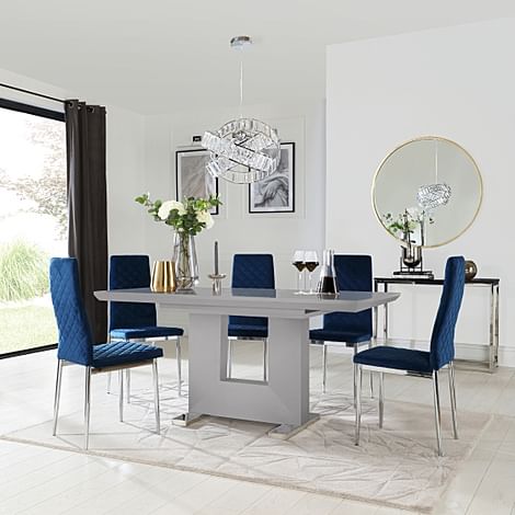 Florence Extending Dining Table & 4 Renzo Chairs, Grey High Gloss, Blue Classic Velvet & Chrome, 120-160cm