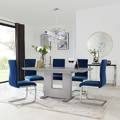 Florence Extending Dining Table & 4 Perth Chairs, Grey High Gloss, Blue Classic Velvet & Chrome, 120-160cm