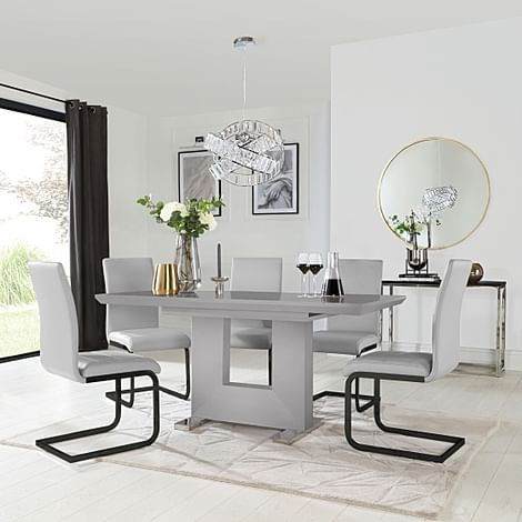 Florence Extending Dining Table & 4 Perth Chairs, Grey High Gloss, Light Grey Classic Faux Leather & Black Steel, 120-160cm