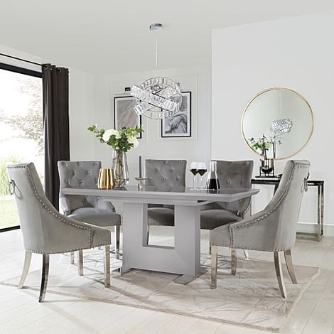 Florence Extending Dining Table & 4 Imperial Chairs, Grey High Gloss, Grey Classic Velvet & Chrome, 120-160cm