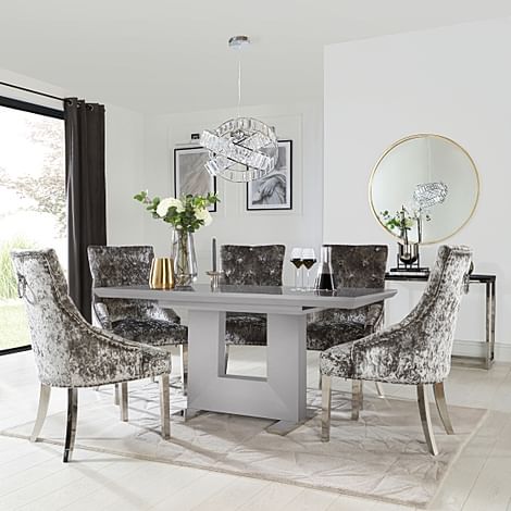Florence Extending Dining Table & 4 Imperial Chairs, Grey High Gloss, Silver Crushed Velvet & Chrome, 120-160cm