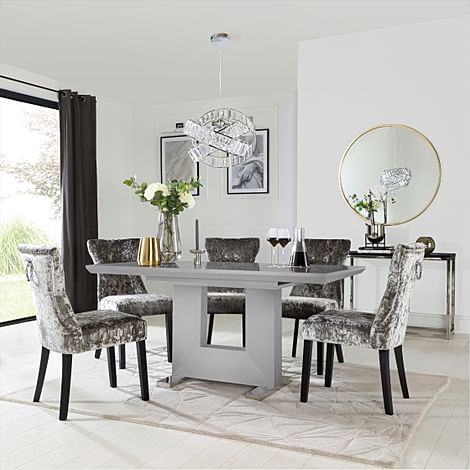Florence Extending Dining Table & 6 Kensington Chairs, Grey High Gloss, Silver Crushed Velvet & Black Solid Hardwood, 120-160cm