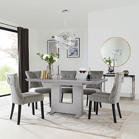 Florence Extending Dining Table & 4 Kensington Chairs, Grey High Gloss, Grey Classic Velvet & Black Solid Hardwood, 120-160cm