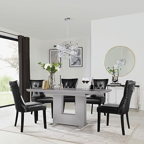 Florence Extending Dining Table & 4 Kensington Chairs, Grey High Gloss, Black Classic Faux Leather & Black Solid Hardwood, 120-160cm