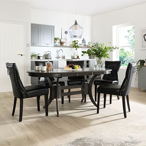 Townhouse Oval Extending Dining Table & 6 Kensington Chairs, Grey Solid Hardwood, Black Classic Faux Leather & Black Solid Hardwood, 150-180cm