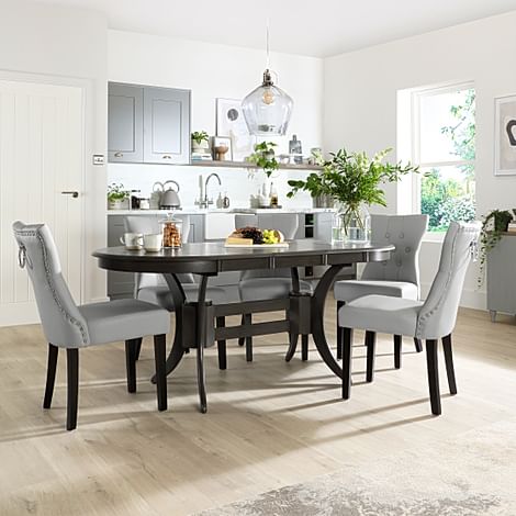 Townhouse Oval Extending Dining Table & 4 Kensington Chairs, Grey Solid Hardwood, Light Grey Classic Faux Leather & Black Solid Hardwood, 150-180cm