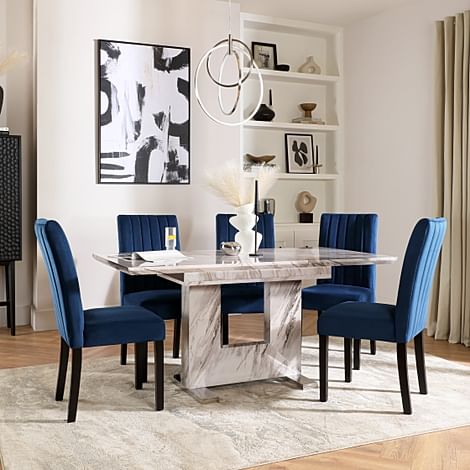 Florence Extending Dining Table & 6 Salisbury Chairs, Grey Marble Effect, Blue Classic Velvet & Black Solid Hardwood, 120-160cm