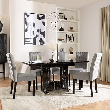 Florence Extending Dining Table & 6 Salisbury Chairs, Black Marble Effect, Grey Classic Velvet & Black Solid Hardwood, 120-160cm