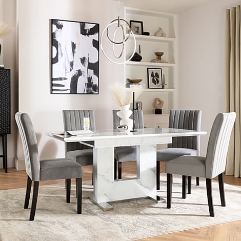 Florence Extending Dining Table & 6 Salisbury Chairs, White Marble Effect, Grey Classic Velvet & Black Solid Hardwood, 120-160cm