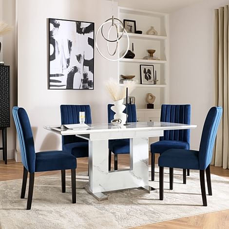 Florence Extending Dining Table & 4 Salisbury Chairs, White Marble Effect, Blue Classic Velvet & Black Solid Hardwood, 120-160cm
