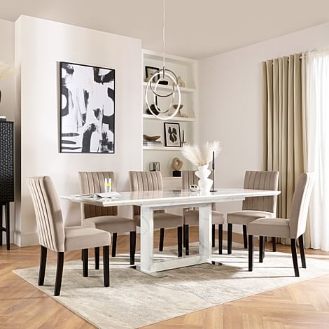 Tokyo Extending Dining Table & 6 Salisbury Chairs, White Marble Effect, Champagne Classic Velvet & Black Solid Hardwood, 160-220cm