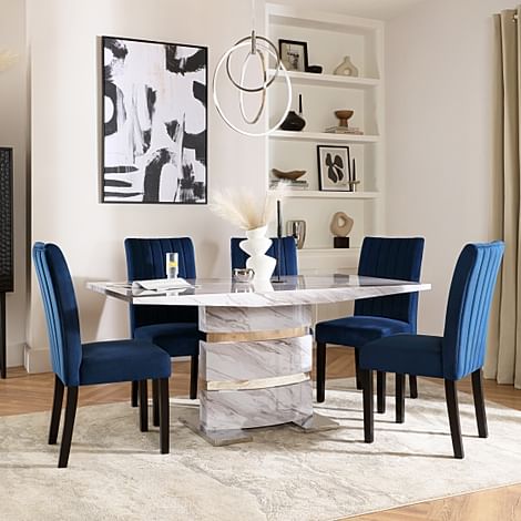 Komoro Dining Table & 6 Salisbury Chairs, Grey Marble Effect & Chrome, Blue Classic Velvet & Black Solid Hardwood, 160cm
