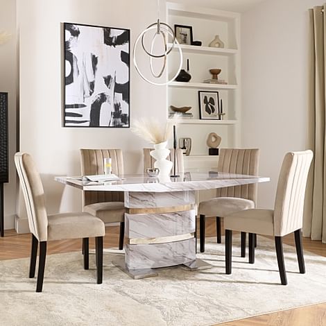 Komoro Dining Table & 6 Salisbury Chairs, Grey Marble Effect & Chrome, Champagne Classic Velvet & Black Solid Hardwood, 160cm