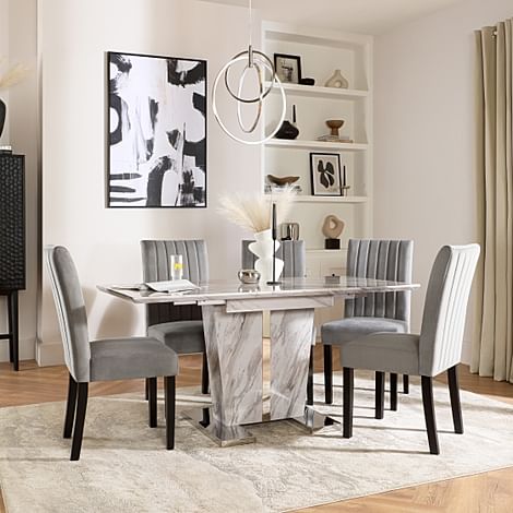 Vienna Extending Dining Table & 6 Salisbury Chairs, Grey Marble Effect, Grey Classic Velvet & Black Solid Hardwood, 120-160cm
