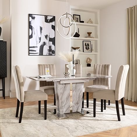 Vienna Extending Dining Table & 4 Salisbury Chairs, Grey Marble Effect, Champagne Classic Velvet & Black Solid Hardwood, 120-160cm