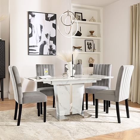Vienna Extending Dining Table & 4 Salisbury Chairs, White Marble Effect, Grey Classic Velvet & Black Solid Hardwood, 120-160cm