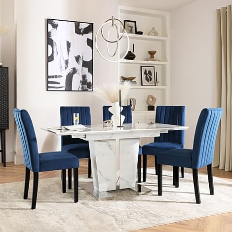Vienna Extending Dining Table & 4 Salisbury Chairs, White Marble Effect, Blue Classic Velvet & Black Solid Hardwood, 120-160cm