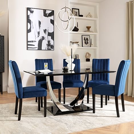Peake Dining Table & 4 Salisbury Chairs, Black Marble Effect & Chrome, Blue Classic Velvet & Black Solid Hardwood, 160cm