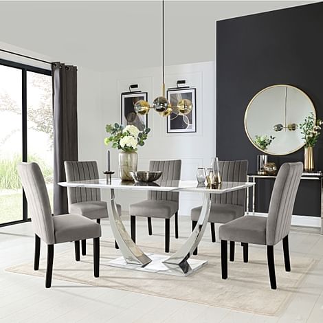 Peake Dining Table & 6 Salisbury Chairs, White Marble Effect & Chrome, Grey Classic Velvet & Black Solid Hardwood, 160cm