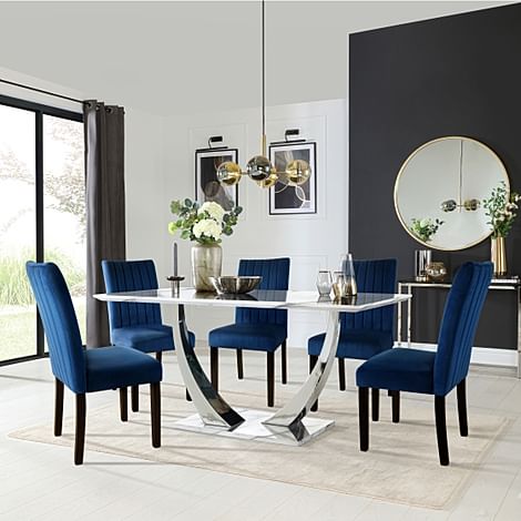 Peake Dining Table & 6 Salisbury Chairs, White Marble Effect & Chrome, Blue Classic Velvet & Black Solid Hardwood, 160cm