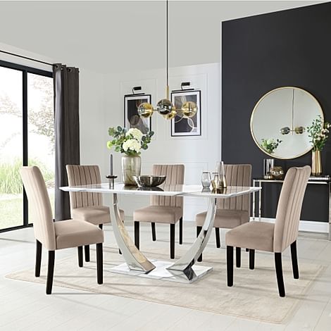 Peake Dining Table & 4 Salisbury Chairs, White Marble Effect & Chrome, Champagne Classic Velvet & Black Solid Hardwood, 160cm