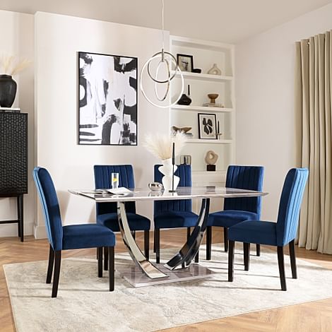 Peake Dining Table & 4 Salisbury Chairs, Grey Marble Effect & Chrome, Blue Classic Velvet & Black Solid Hardwood, 160cm