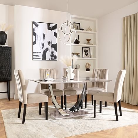 Peake Dining Table & 4 Salisbury Chairs, Grey Marble Effect & Chrome, Champagne Classic Velvet & Black Solid Hardwood, 160cm