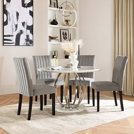 Savoy Round Dining Table & 4 Salisbury Chairs, White Marble Effect & Chrome, Grey Classic Velvet & Black Solid Hardwood, 120cm