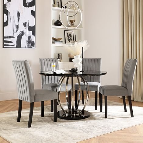 Savoy Round Dining Table & 4 Salisbury Chairs, Black Marble Effect & Chrome, Grey Classic Velvet & Black Solid Hardwood, 120cm