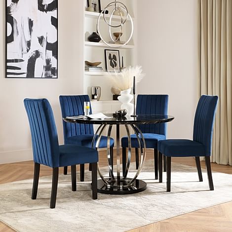 Savoy Round Dining Table & 4 Salisbury Chairs, Black Marble Effect & Chrome, Blue Classic Velvet & Black Solid Hardwood, 120cm