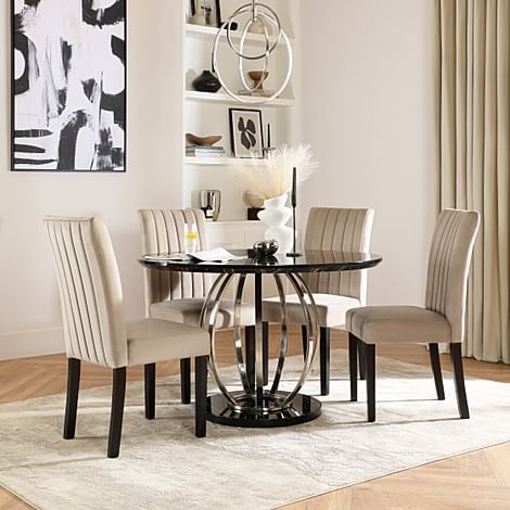 Savoy Round Dining Table & 4 Salisbury Chairs, Black Marble Effect & Chrome, Champagne Classic Velvet & Black Solid Hardwood, 120cm