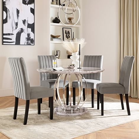 Savoy Round Dining Table & 4 Salisbury Chairs, Grey Marble Effect & Chrome, Grey Classic Velvet & Black Solid Hardwood, 120cm