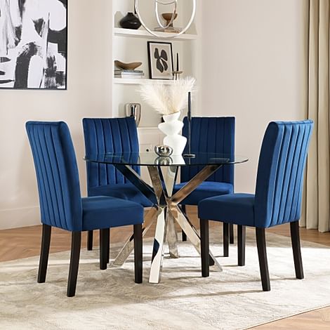 Plaza Round Dining Table & 4 Salisbury Chairs, Glass & Chrome, Blue Classic Velvet & Black Solid Hardwood, 110cm