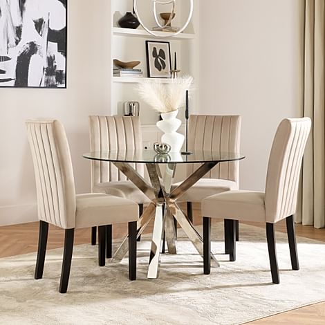 Plaza Round Dining Table & 4 Salisbury Chairs, Glass & Chrome, Champagne Classic Velvet & Black Solid Hardwood, 110cm