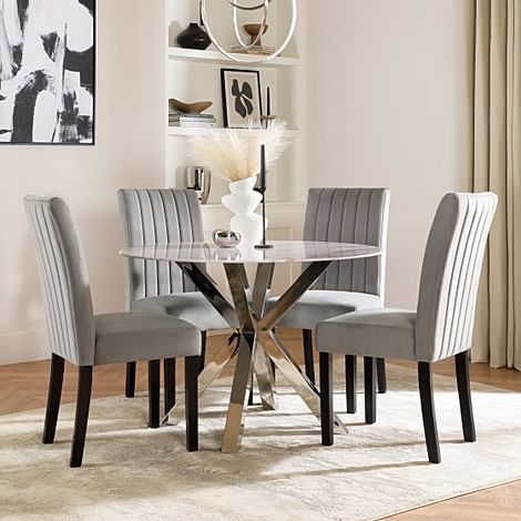 Plaza Round Dining Table & 4 Salisbury Chairs, Grey Marble Effect & Chrome, Grey Classic Velvet & Black Solid Hardwood, 110cm