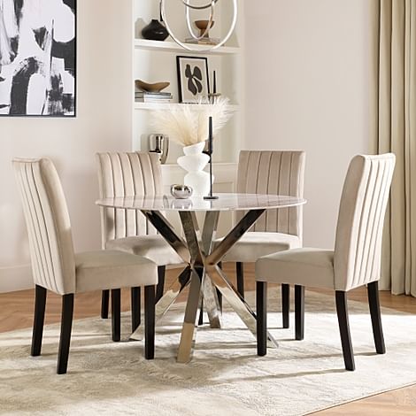 Plaza Round Dining Table & 4 Salisbury Chairs, Grey Marble Effect & Chrome, Champagne Classic Velvet & Black Solid Hardwood, 110cm