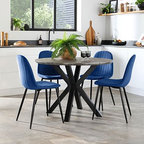 Newark Round Industrial Dining Table & 4 Brooklyn Chairs, Grey Concrete Effect & Black Steel, Blue Classic Velvet, 110cm