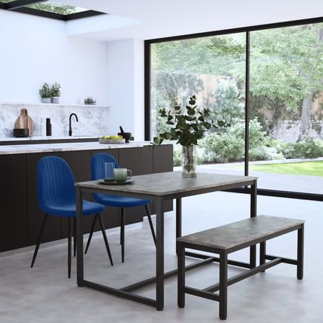 Avenue Industrial Dining Table, Bench & 2 Brooklyn Chairs, Grey Concrete Effect & Black Steel, Blue Classic Velvet, 120cm