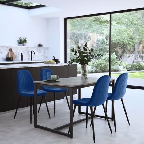 Avenue Industrial Dining Table & 4 Brooklyn Chairs, Grey Concrete Effect & Black Steel, Blue Classic Velvet, 120cm