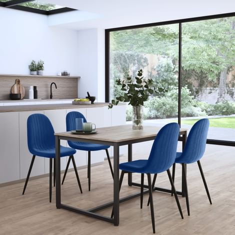 Avenue Dining Table & 4 Brooklyn Chairs, Natural Oak Effect & Black Steel, Blue Classic Velvet, 120cm