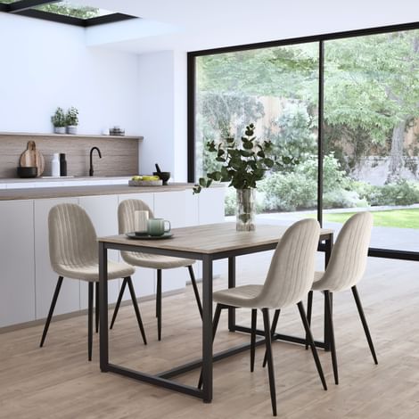 Avenue Industrial Dining Table & 4 Brooklyn Chairs, Natural Oak Effect & Black Steel, Champagne Classic Velvet, 120cm