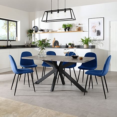 Madison Industrial Dining Table & 6 Brooklyn Chairs, Grey Concrete Effect & Black Steel, Blue Classic Velvet, 160cm