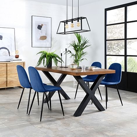 Franklin Industrial Dining Table & 4 Brooklyn Chairs, Dark Oak Veneer & Black Steel, Blue Classic Velvet, 150cm