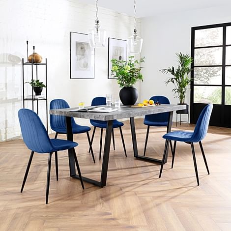 Addison Industrial Dining Table & 6 Brooklyn Chairs, Grey Concrete Effect & Black Steel, Blue Classic Velvet, 150cm
