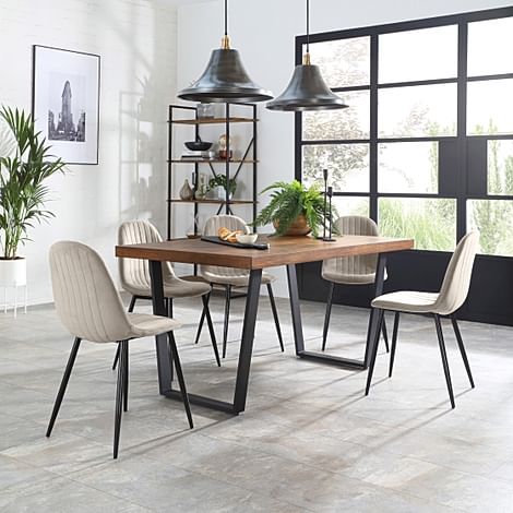 Addison Industrial Dining Table & 4 Brooklyn Chairs, Dark Oak Veneer & Black Steel, Champagne Classic Velvet, 150cm