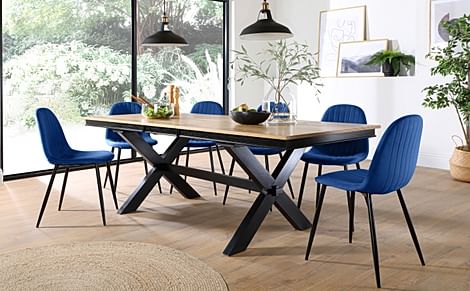 Grange Extending Dining Table & 6 Brooklyn Chairs, Natural Oak Veneer & Black Solid Hardwood, Blue Classic Velvet & Black Steel, 180-220cm